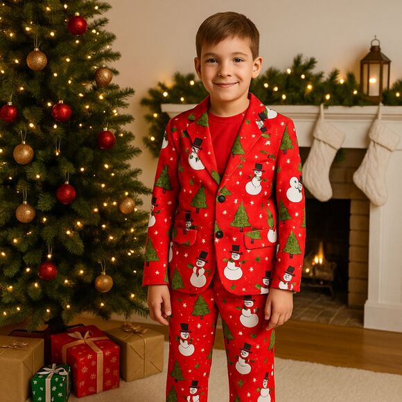 Boys M 10/12 Red Festive Holiday 2-Pc Snowman Christmas Suit Set - Picture 1 of 8